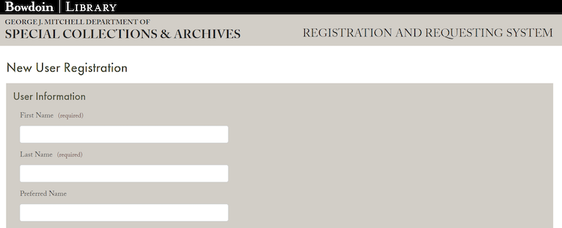 A preview of the first portion of the New User Registration form. Pictured are first name, last name, and preferred name.
