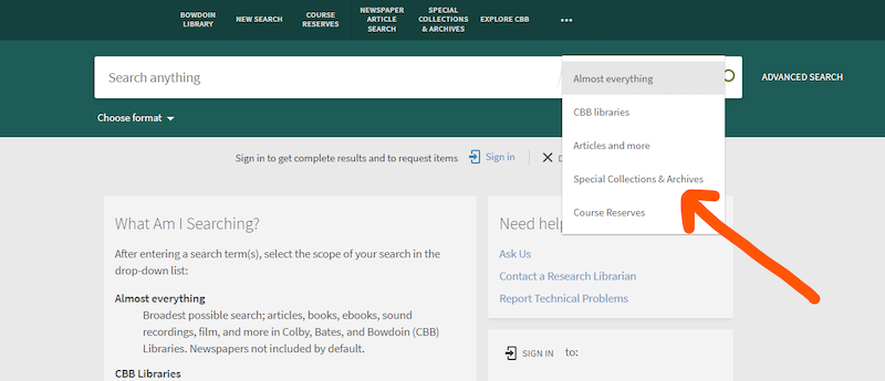 Special Collections & Archives is the fourth option on the dropdown in the search bar.