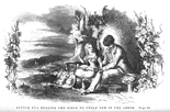 Little Eva Reading the Bible to Uncle Tom in the Arbor. Illustration by Hammat Billings, in Harriet Beecher Stowe's Uncle Tom's Cabin (Boston, 1852). - Billings's drawings appear without credit, but his stylings informed the work of numerous later illustrators; this image in particular became iconic in representing Stowe's story.