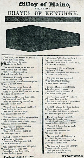 Broadside poem lamenting the death Of Congressman Jonathan Cilley (Portland, Me., 1838)