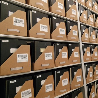 rows of boxed honors theses which continue beyond the margins of the photo