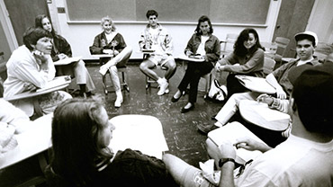 Fall 1992. Students participating in an Orientation session facilitated by education professor Theodora Penny Martin (far left).