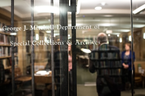 The entryway of the George J. Mitchell Department of Special Collections and Archives