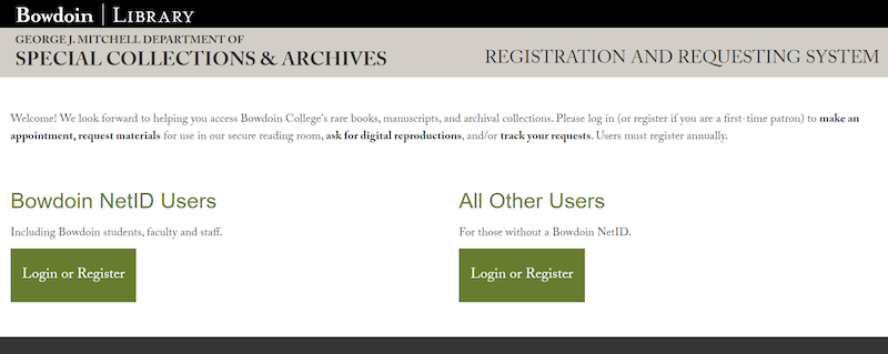 Screenshot of the registration page showing two green buttons, one for Bowdoin NetId Users and one for All Other Users; both buttons say 'login or register.'
