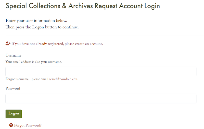 Screenshot shows the login screen, which begins with the text 'Special Collections and Archives Request Account Login' and has two form fields, one for username and one for password.