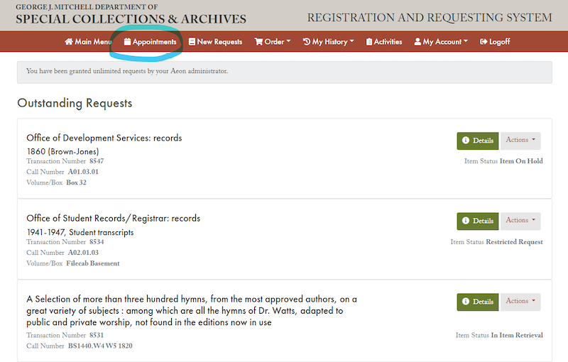 A screenshot showing an Aeon requests page, with the second link in the navigation, called 'Appointments,' circled.