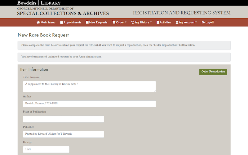 An image of the first portion of the request form, titled 'New Rare Book Request Form,' with a set of pre-filled fields and a button labeled 'Order Reproduction.'