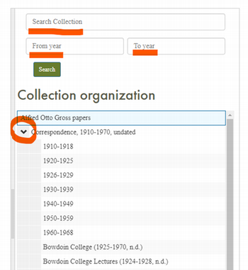 A close-up view of the collection organization navigational menu. The search abilities, including searching within collection and beginning and ending years, are highlighted.