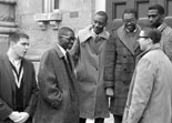 Bowdoin-Morehouse Student Exchange, 1963 [Bowdoin College Archives, 6.1.13] - Beginning in 1963 with weeklong exchanges of two students from each school, the Bowdoin-Morehouse program would expand to include several students attending the schools for an entire semester. Shown here are students from Morehouse College meeting with Bowdoin students in front of the Chapel.