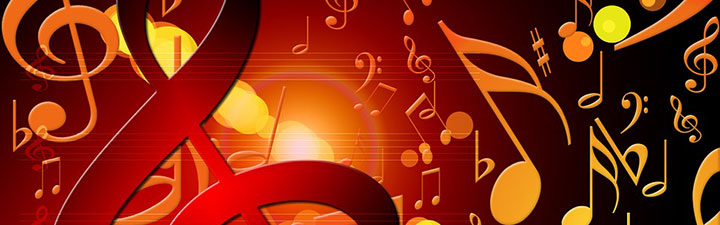 musical notes on a red and black background