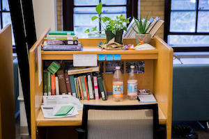 A nicely-decorated study carrel.