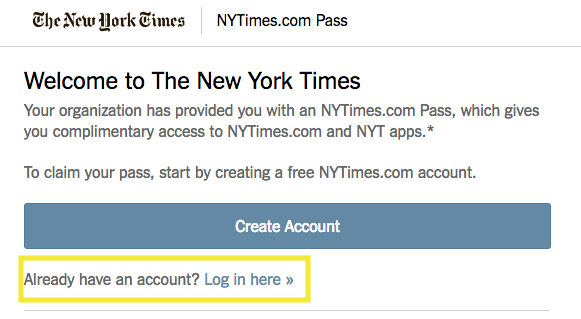 NY Times welcome page