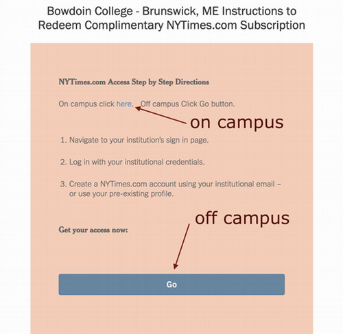 A screen capture of the New York Times account creation page for Bowdoin. The words "on campus" have been added, with an arrow pointing to the sentence "On campus click here." The words "off campus" have been added with an arrow pointing to the "Go" button several lines down.
